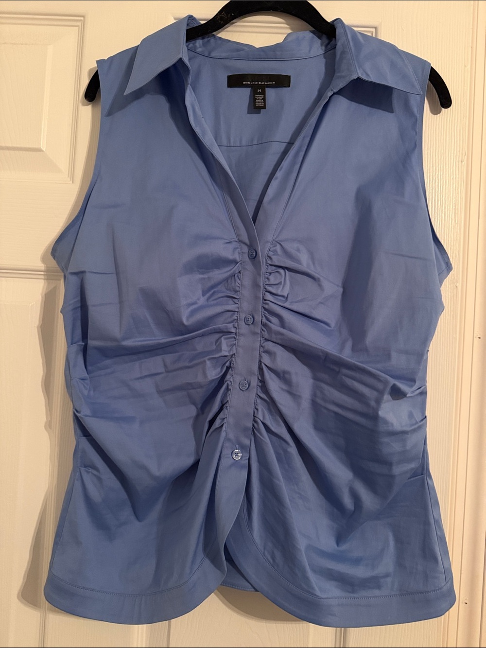White House Black Market Sleeveless Ruched Button-Front Top in Light Blue